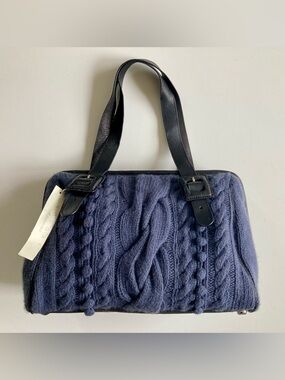 Navy Blue Cable Knit Tote Handbag Purse: Black Leather Straps & Bottom-NWT